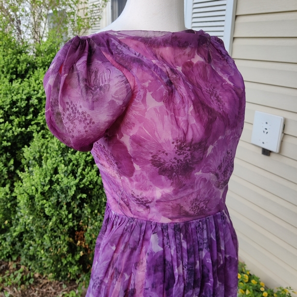 XXS XS 50s 60s Purple Floral Garden Party Dress - Picture 4 of 16